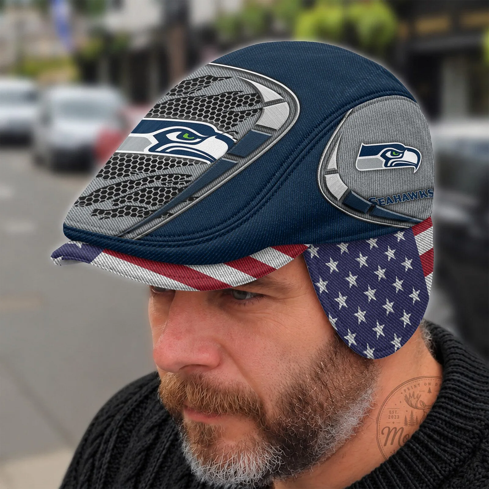 Seattle Seahawks Football Team Logo Flat Cap with Foldable Ear Flaps