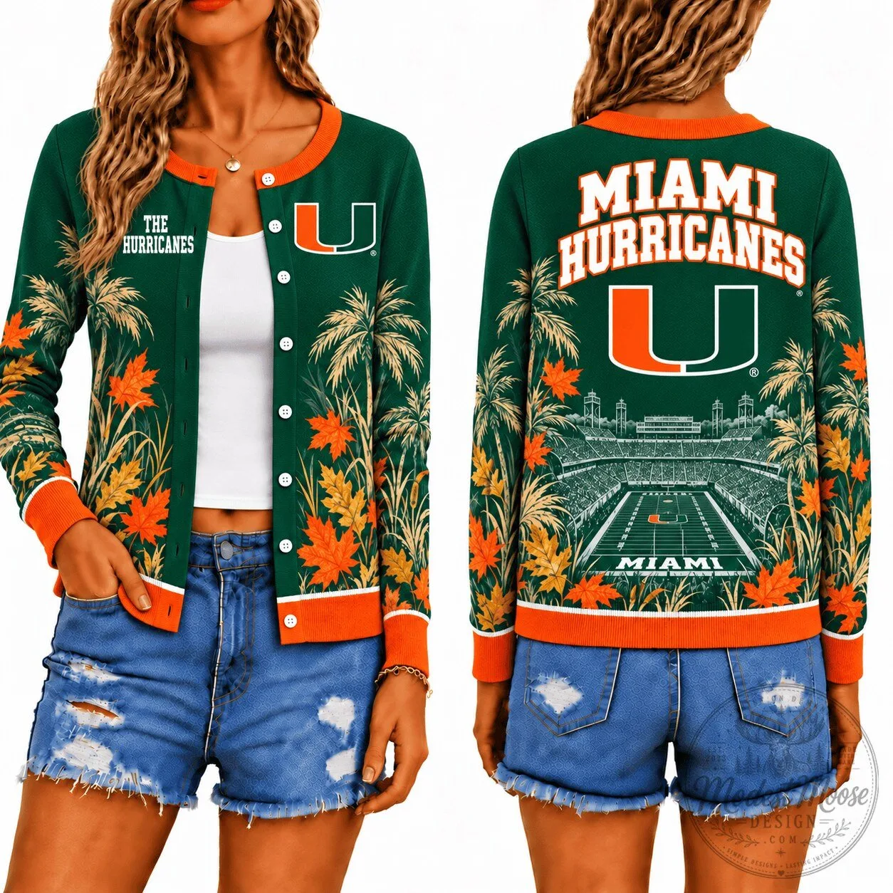 Miami Hurricanes Football Team Stadium Autumn Leaves Cardigan Jacket