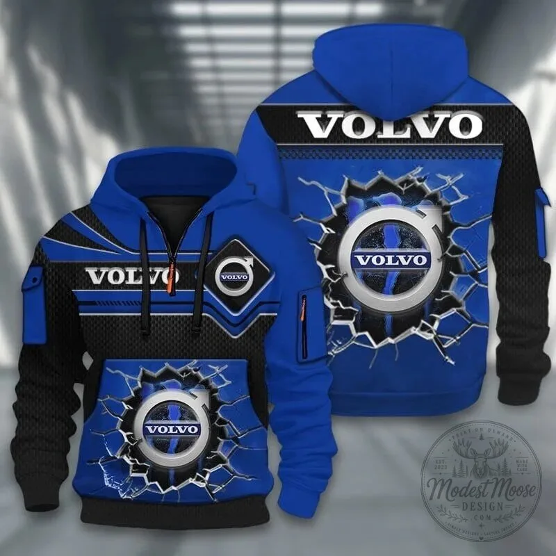 Volvo Blue Cracked Logo All Over Print Quarter Zip Hoodie