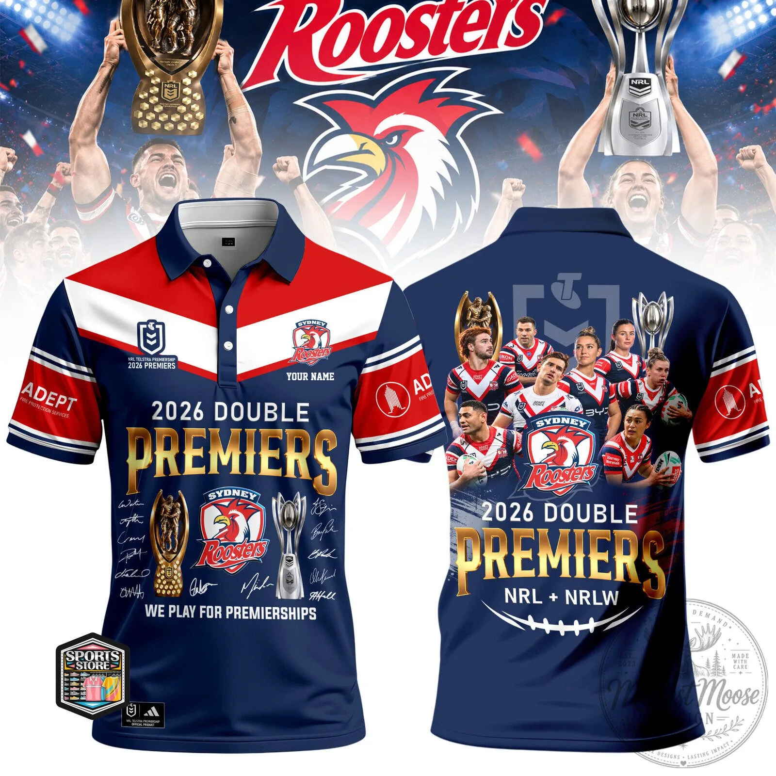 Sydney Roosters National Rugby League 2026 Double Premiers Polo Shirt 2 Sydney Roosters National Rugby League 2026 Double Premiers Polo Shirt