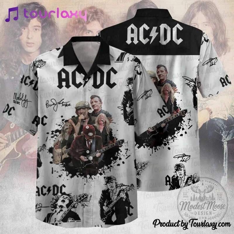 ACDC Rock Band Members Signatures White Hawaiian Shirt