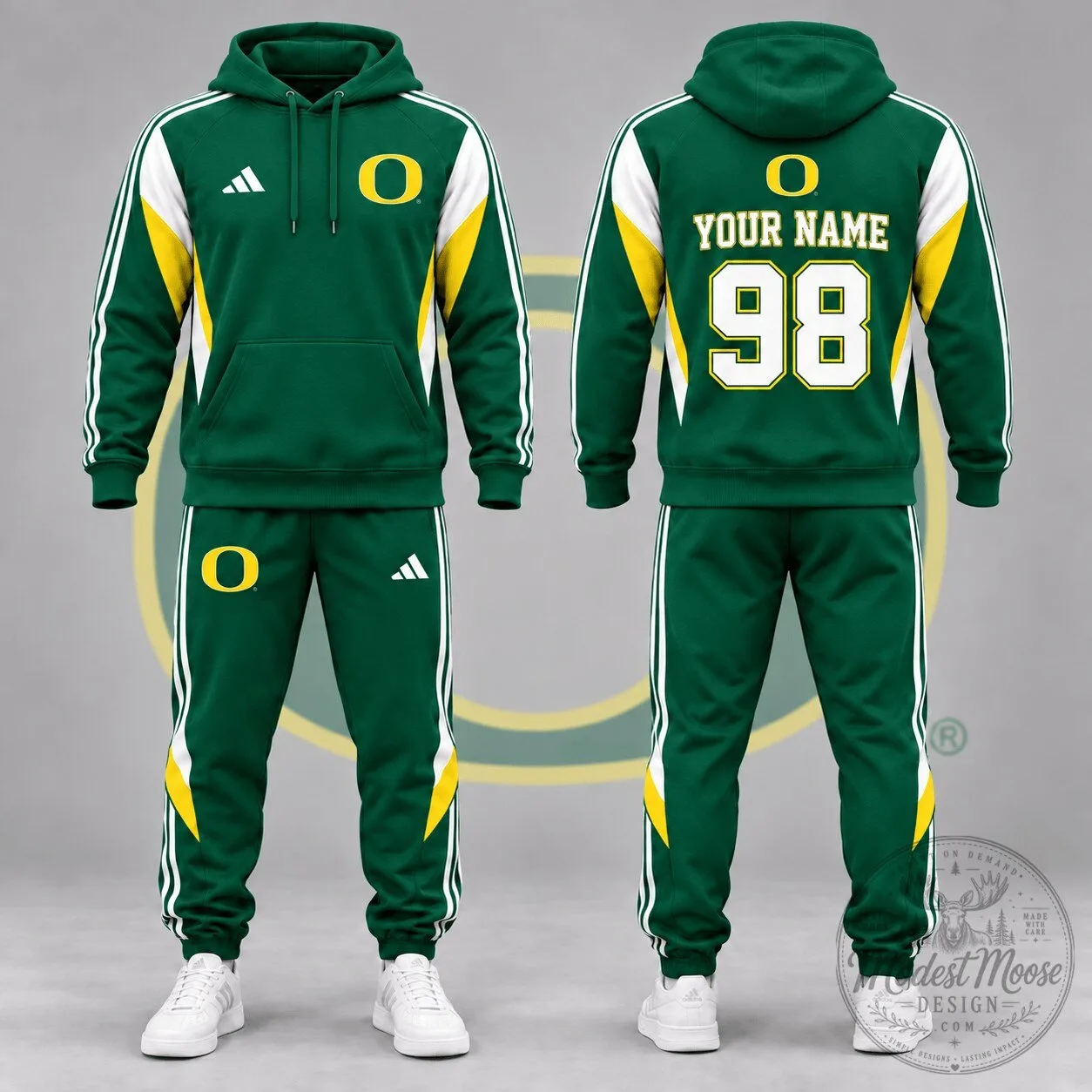 Oregon Ducks Personalized Green and Yellow Sideline Spirit Hoodie and Jogger Tracksuit