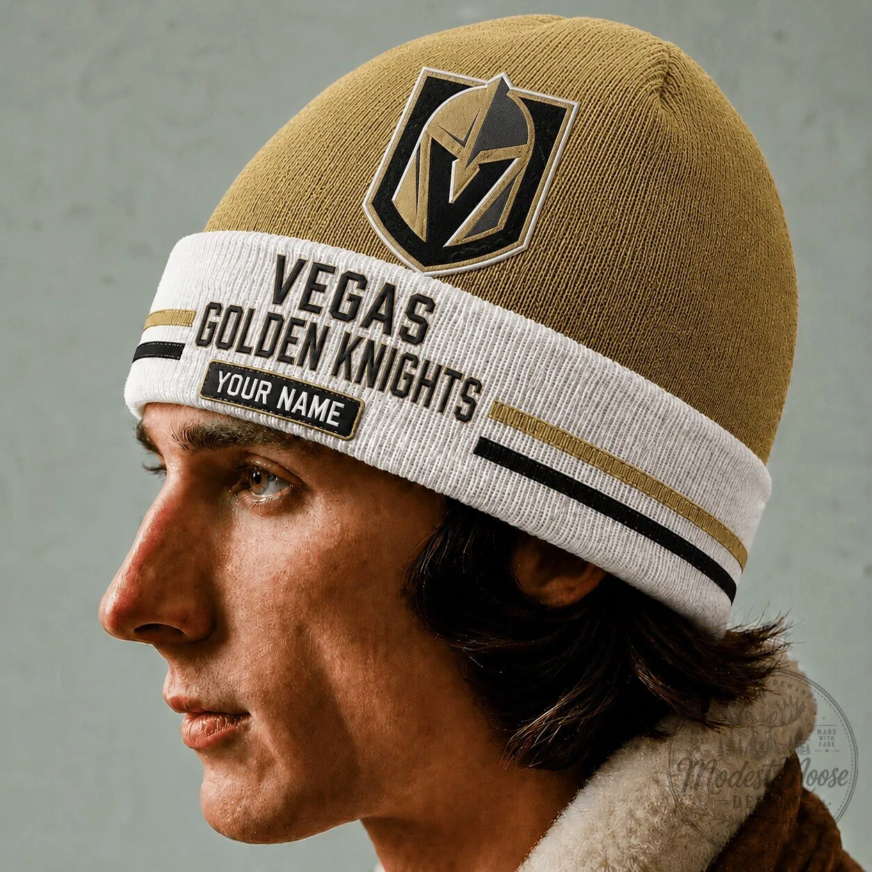 Vegas Golden Knights Personalized Hockey Team Gold and White Beanie Cap Hat