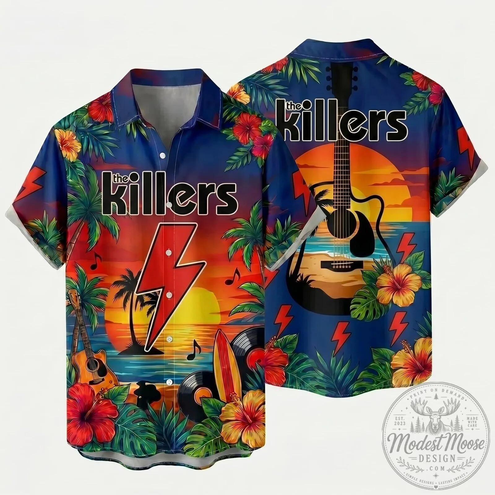 The Killers Tropical Sunset Hawaiian Shirt with Guitar and Palm Trees