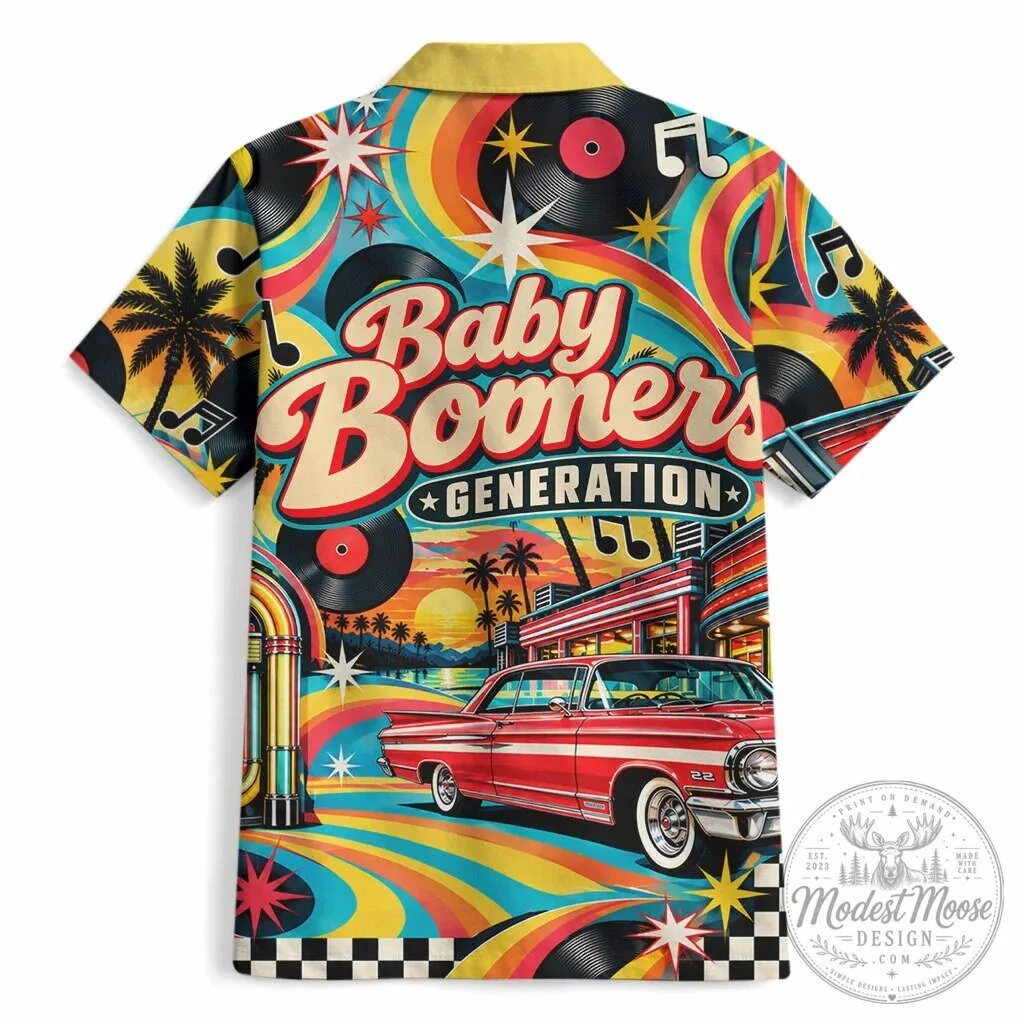 Baby Boomers Generation Vintage Classic Car And Vinyl Records Hawaiian Shirt – image 2 of 6