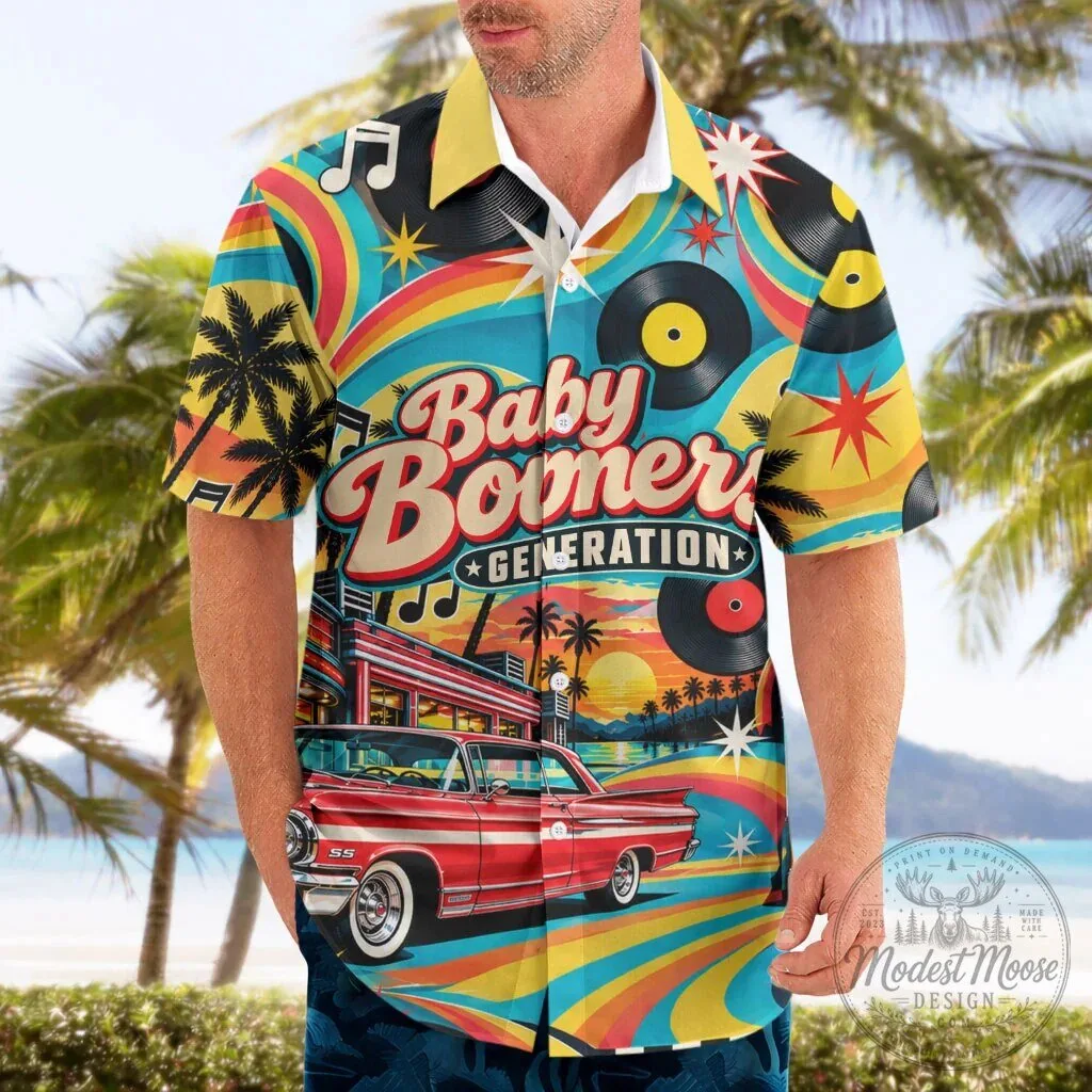 Baby Boomers Generation Vintage Classic Car And Vinyl Records Hawaiian Shirt – image 3 of 6
