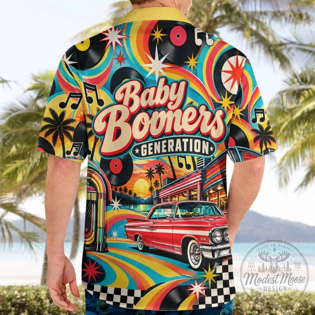 Baby Boomers Generation Vintage Classic Car And Vinyl Records Hawaiian Shirt – image 4 of 6
