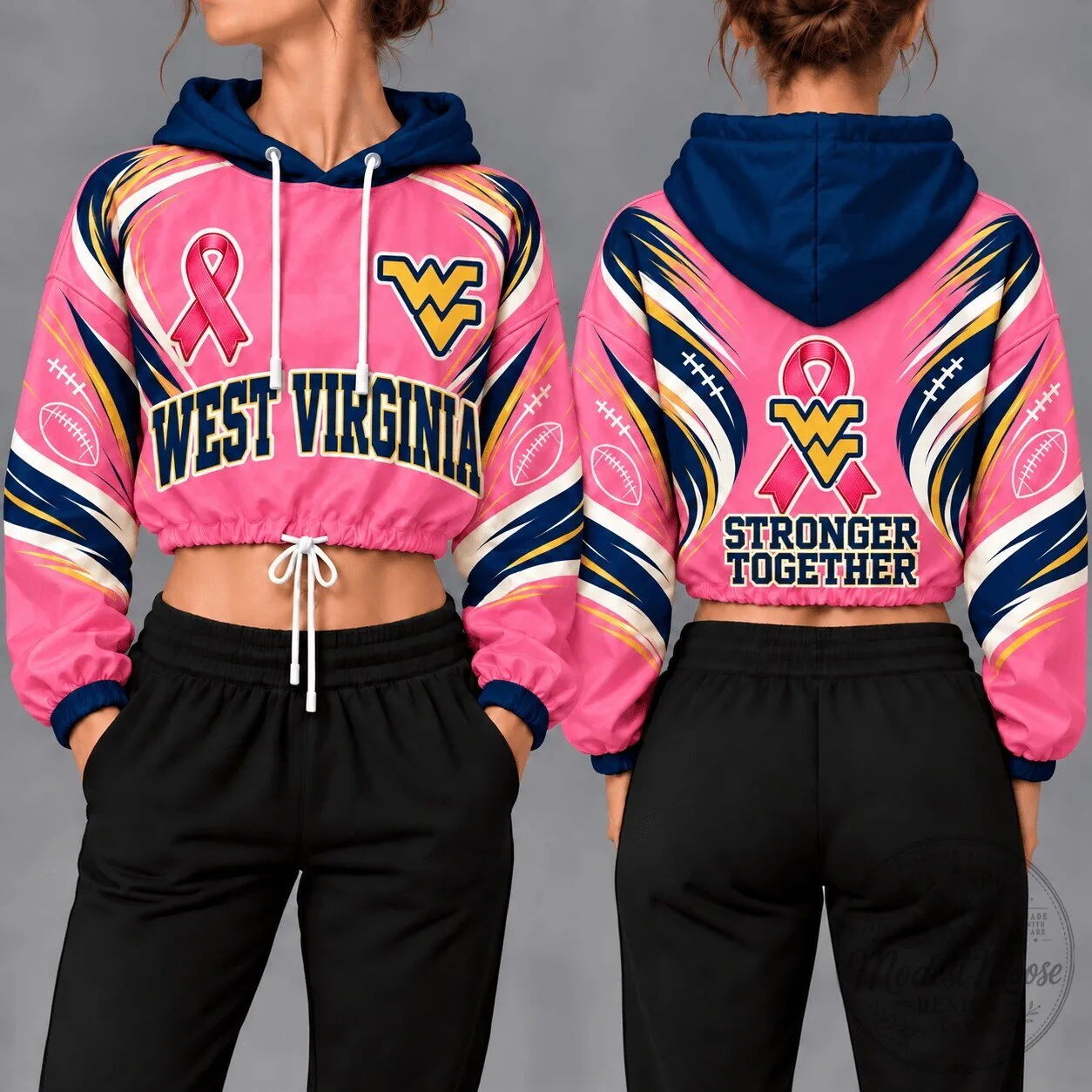 West Virginia Mountaineers Breast Cancer Awareness Pink Football Crop Hoodie