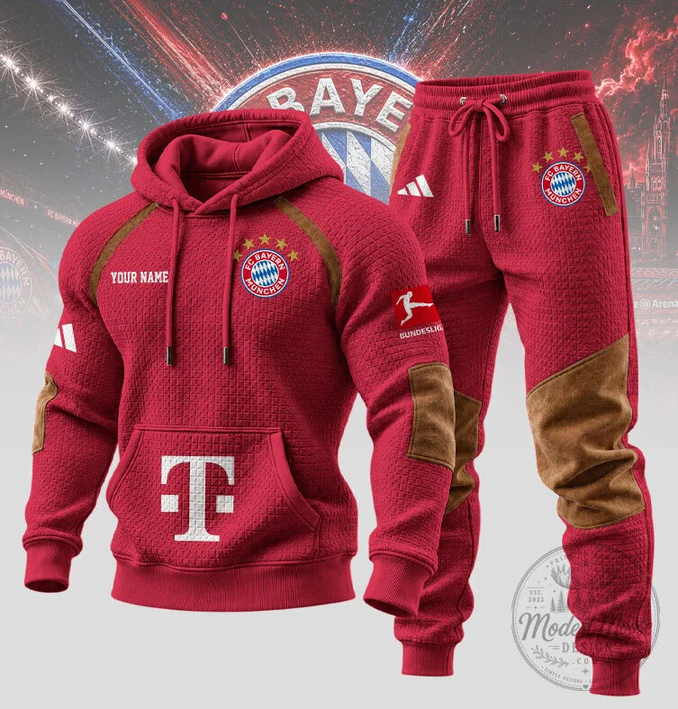 FC Bayern Munich Red Textured Hoodie with Personalized Name and Pants Set