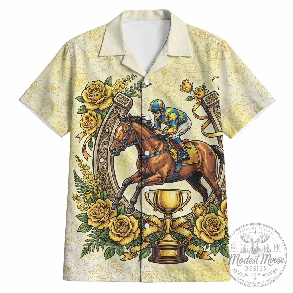 Melbourne Horse Race Jockey and Horseshoe Yellow Rose Floral Hawaiian Shirt