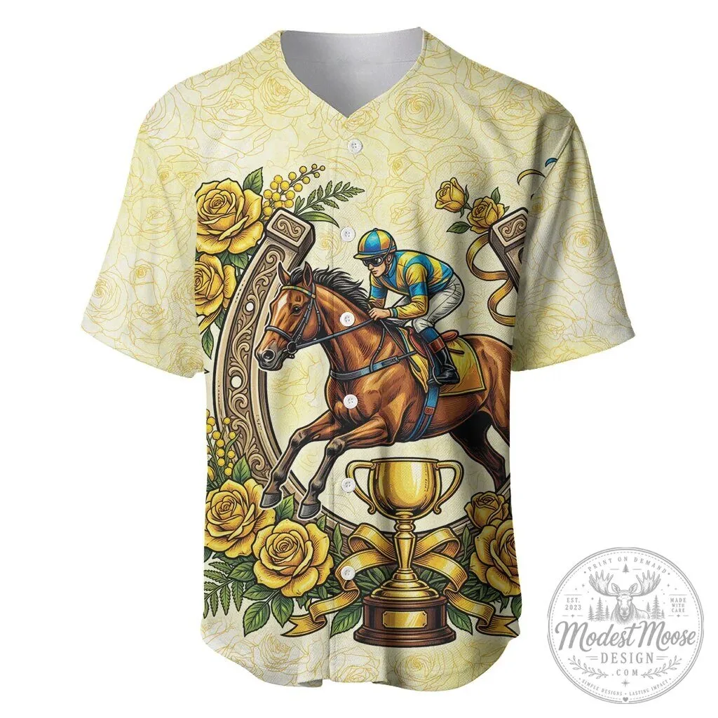 Melbourne Horse Racing Yellow Rose Floral Horseshoe Baseball Jersey
