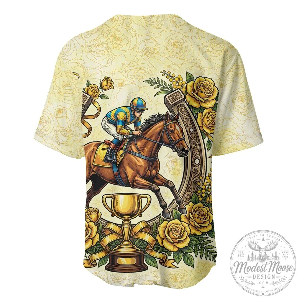 Melbourne Horse Racing Yellow Rose Floral Horseshoe Baseball Jersey 8 Melbourne Horse Racing Yellow Rose Floral Horseshoe Baseball Jersey