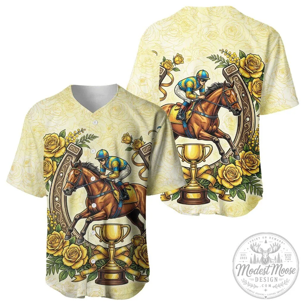 Melbourne Horse Racing Yellow Rose Floral Horseshoe Baseball Jersey 9 Melbourne Horse Racing Yellow Rose Floral Horseshoe Baseball Jersey