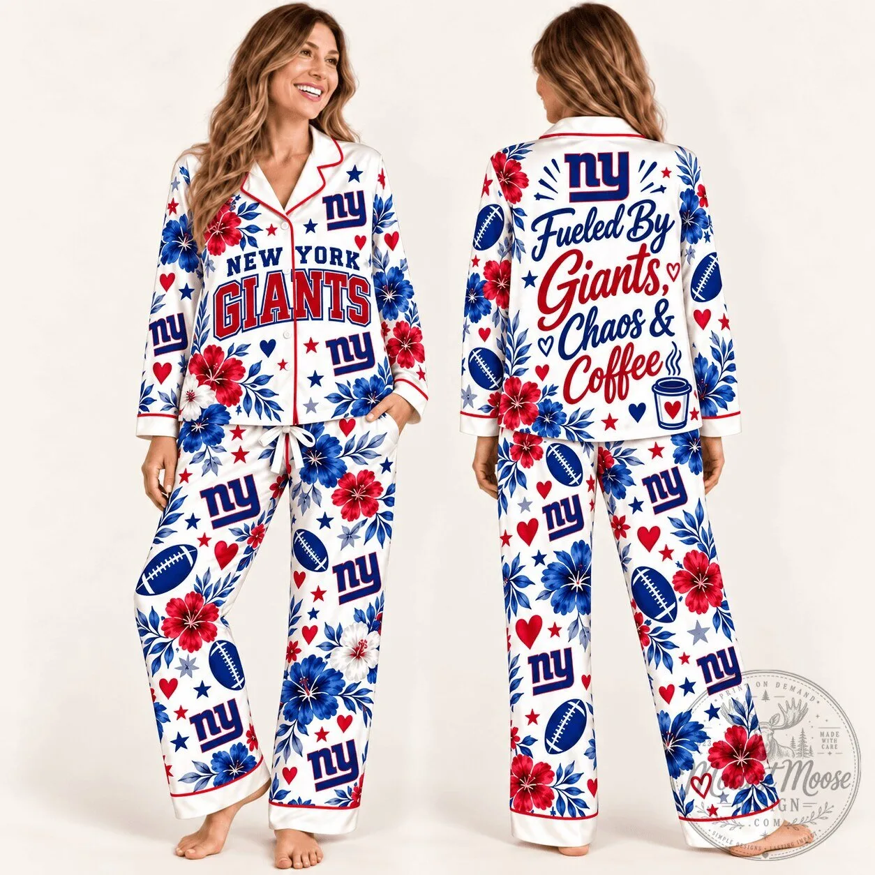 New York Giants Fueled By Chaos And Coffee Floral Pajamas Set