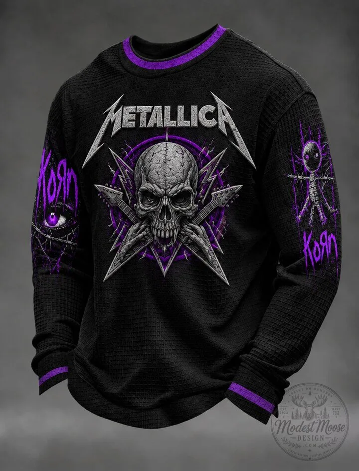 Metallica Korn Skull Graphic Black Waffle Knit Long-Sleeve Shirt