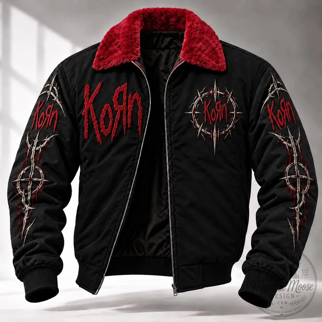 Korn Band Logo Black Bomber Jacket With Red Plush Collar