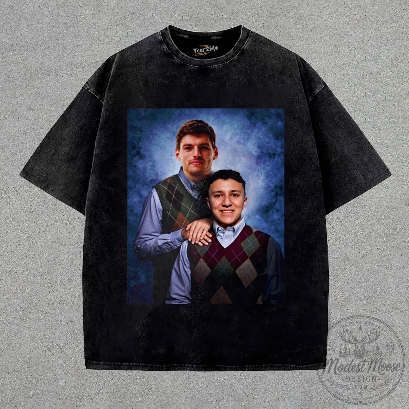 Max Isack Funny Best Friends Portrait Washed Black Graphic T-Shirt