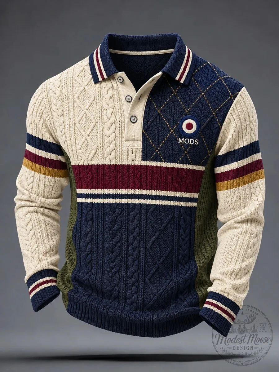 Men's Mods Quadrophenia Inspired Cable Knit Long Sleeve Polo Shirt