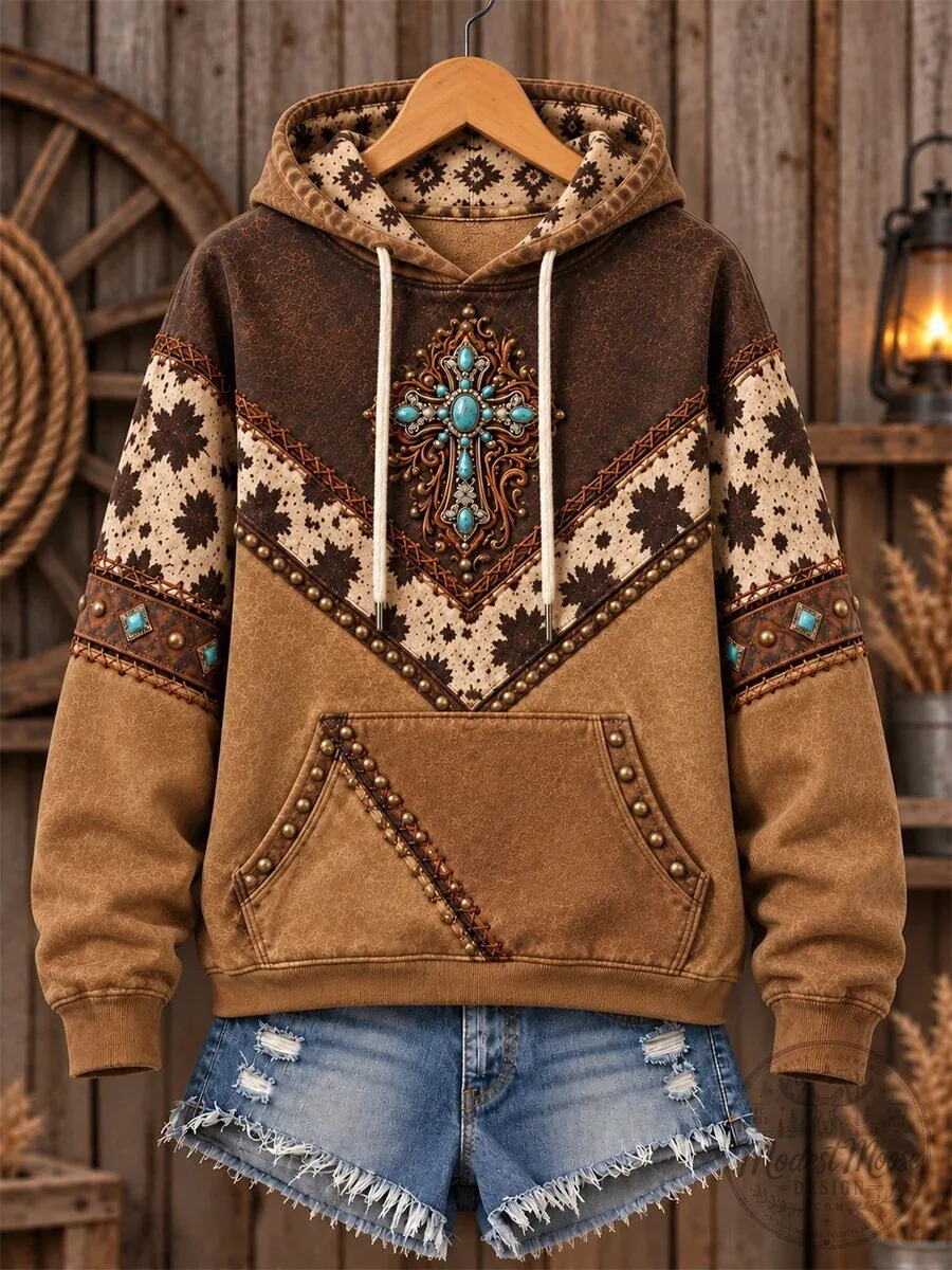 Western Turquoise Cross Aztec Pattern Brown Hoodie for Women