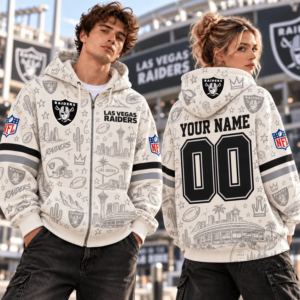 Las Vegas Raiders Personalized Sketch Doodle Full-Zip Hoodie for Men and Women