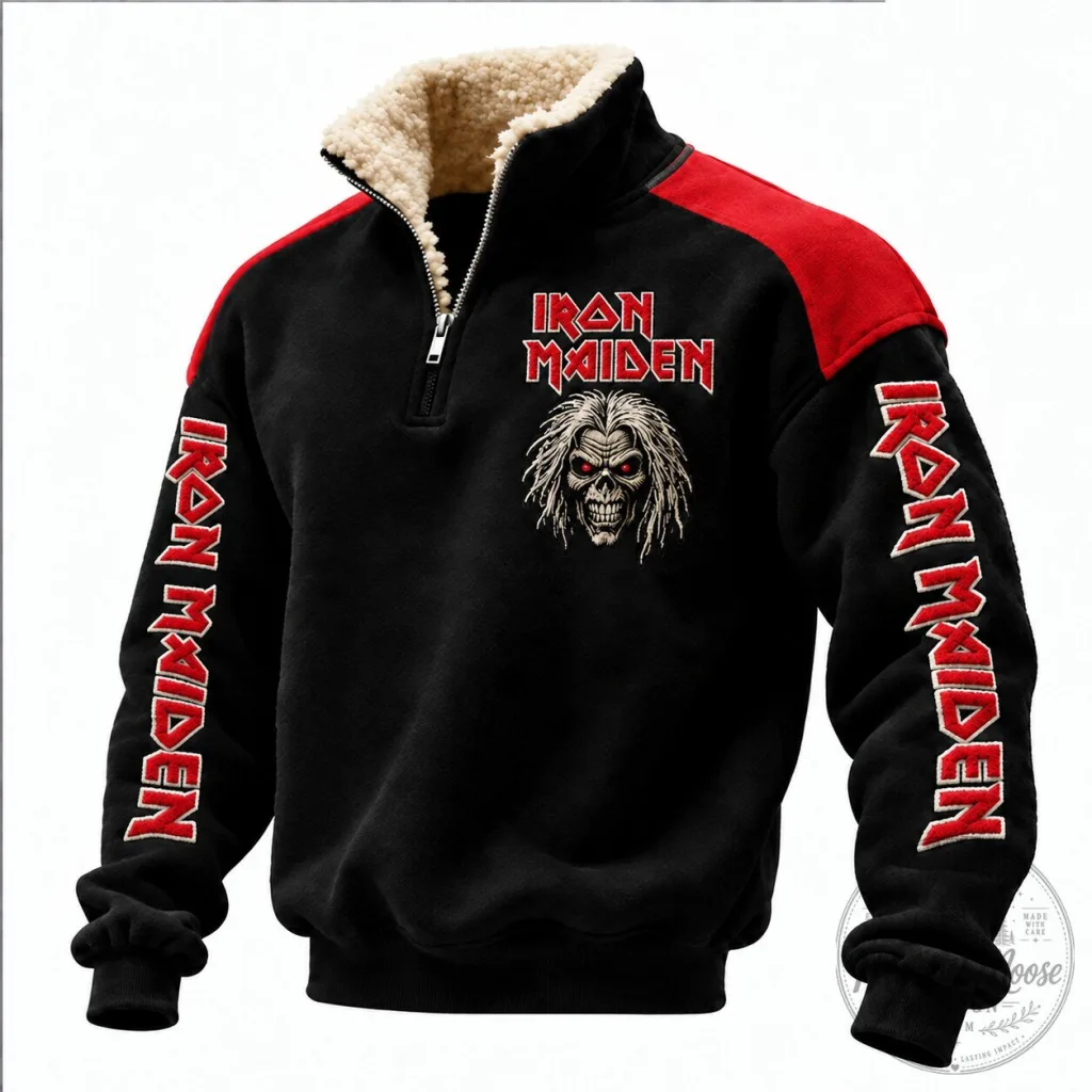 Iron Maiden Eddie The Head Half-Zip Sweatshirt with Faux Shearling Collar Iron Maiden Eddie The Head Half-Zip Sweatshirt with Faux Shearling Collar