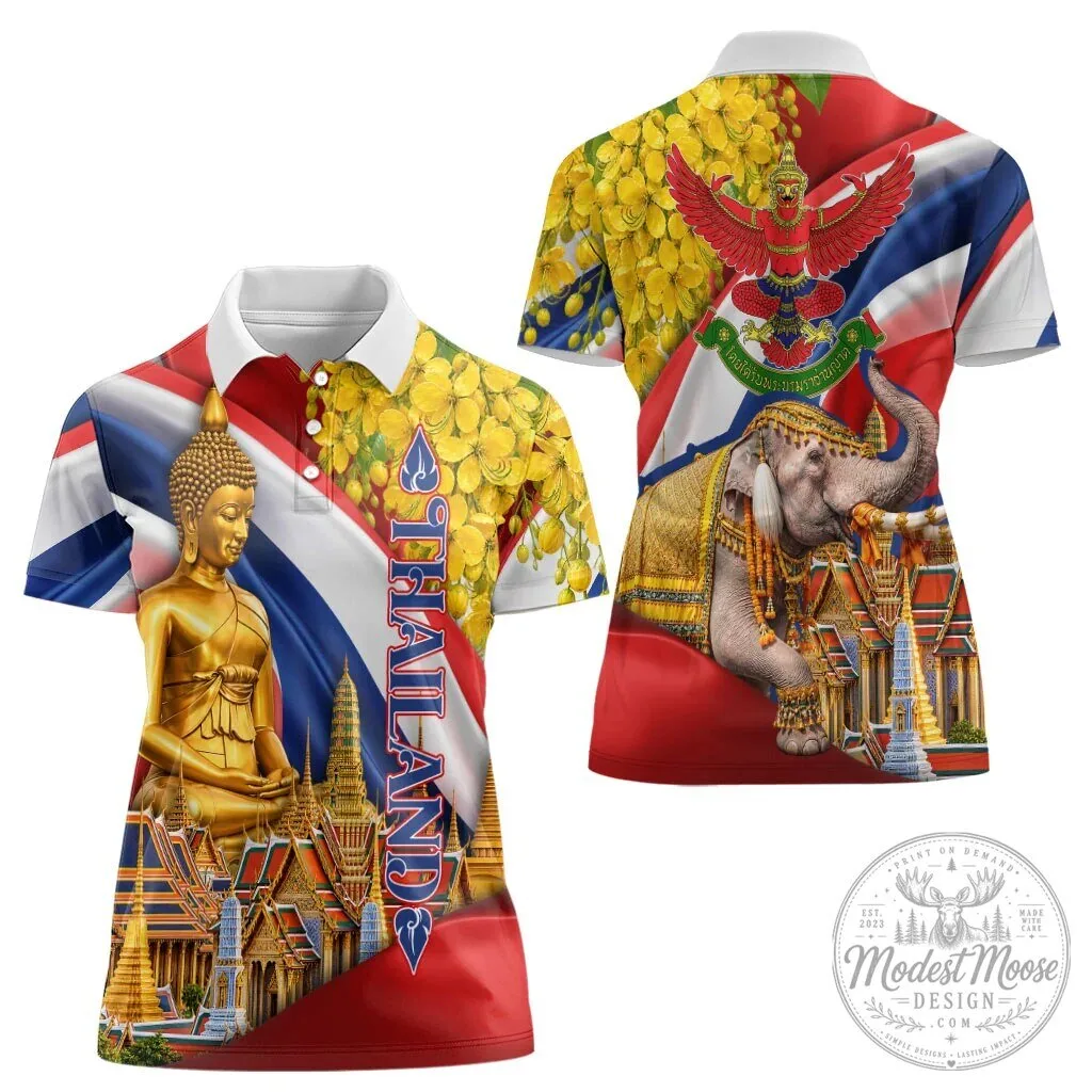 Thailand Golden Buddha Elephant Temple Garuda Art Women's Polo Shirt 9 Thailand Golden Buddha Elephant Temple Garuda Art Women
