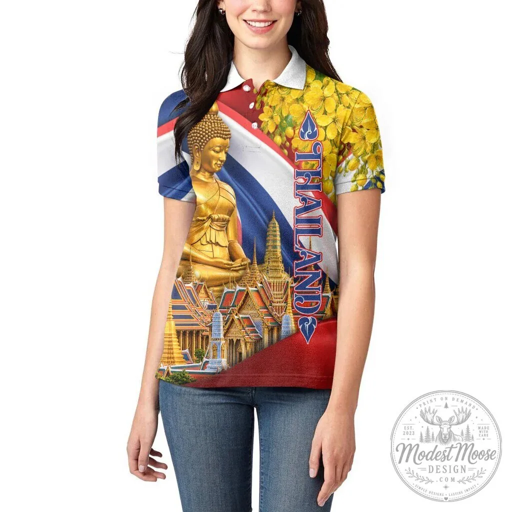 Thailand Golden Buddha Elephant Temple Garuda Art Women's Polo Shirt 10 Thailand Golden Buddha Elephant Temple Garuda Art Women