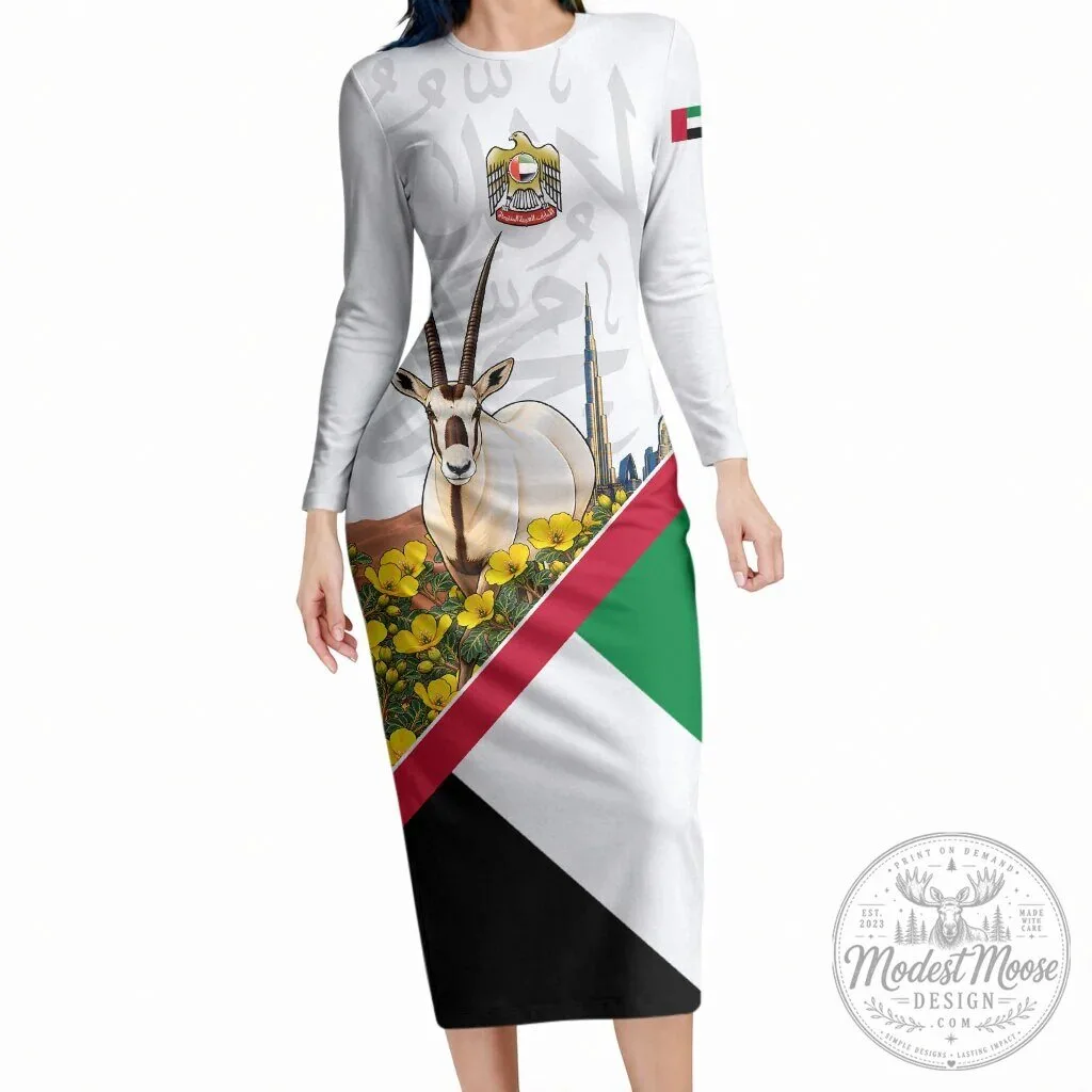 United Arab Emirates National Day Arabian Oryx Long Sleeve Bodycon Dress