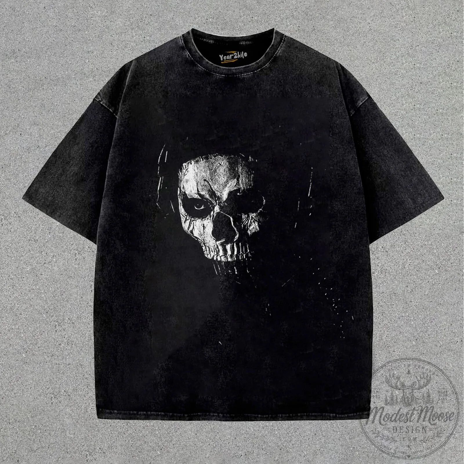 Horrible Skull Graphic Washed Black Oversized Crewneck T-Shirt