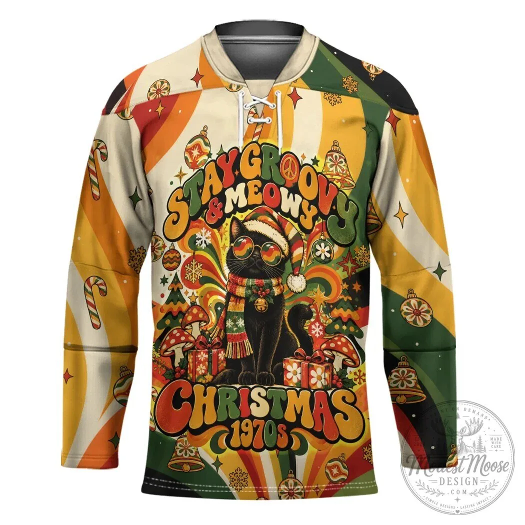Black Cat Stay Groovy Meowy Christmas 1970s Retro Vintage Holiday Hockey Jersey