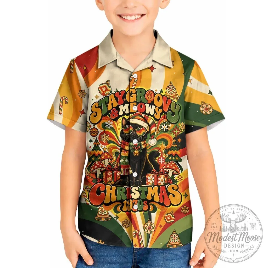 Stay Groovy Meowy Christmas Black Cat Vintage 1970s Hawaiian Shirt for Kids