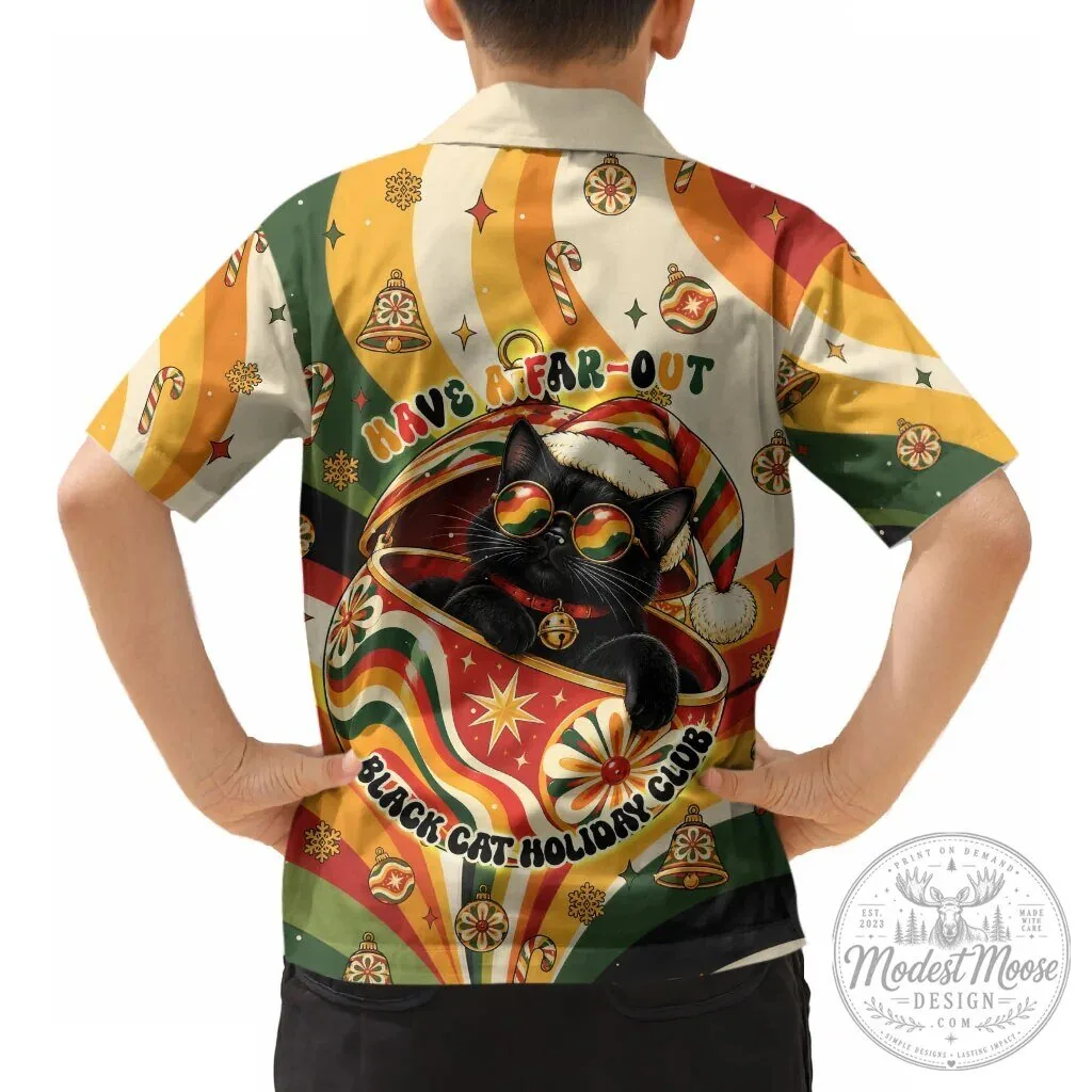 Stay Groovy Meowy Christmas Black Cat Vintage 1970s Hawaiian Shirt for Kids 9 Stay Groovy Meowy Christmas Black Cat Vintage 1970s Hawaiian Shirt for Kids
