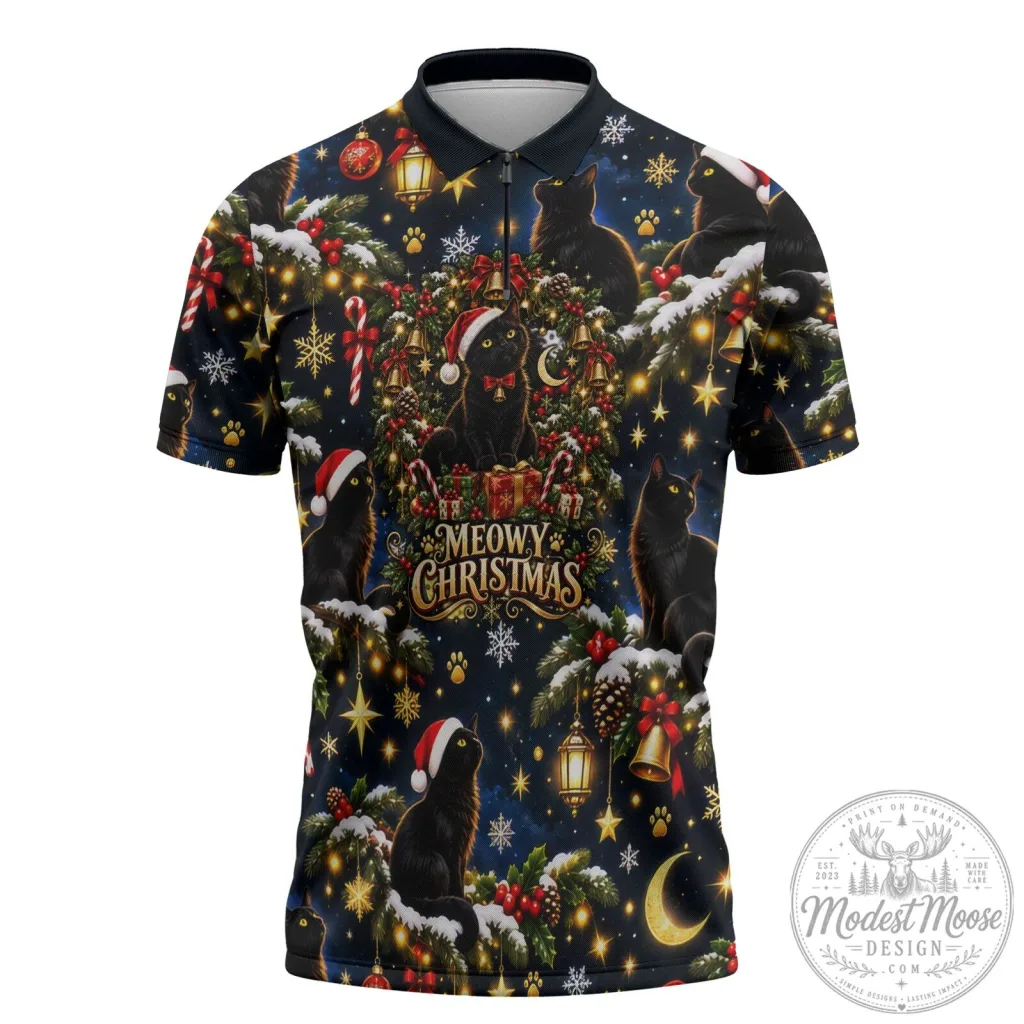 Black Cat Meowy Christmas Festive Night Tree Snow Stars Holiday Pattern Polo Shirt Black Cat Meowy Christmas Festive Night Tree Snow Stars Holiday Pattern Polo Shirt