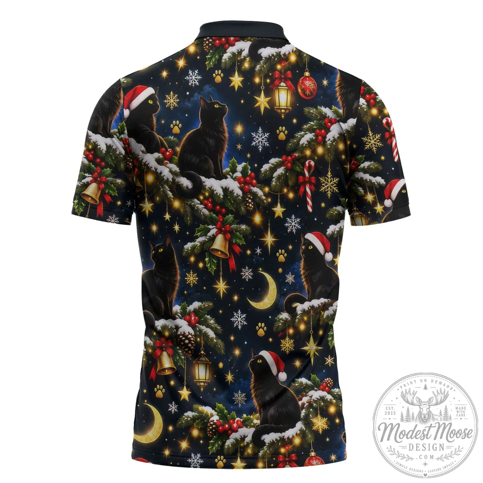 Black Cat Meowy Christmas Festive Night Tree Snow Stars Holiday Pattern Polo Shirt 7 Black Cat Meowy Christmas Festive Night Tree Snow Stars Holiday Pattern Polo Shirt
