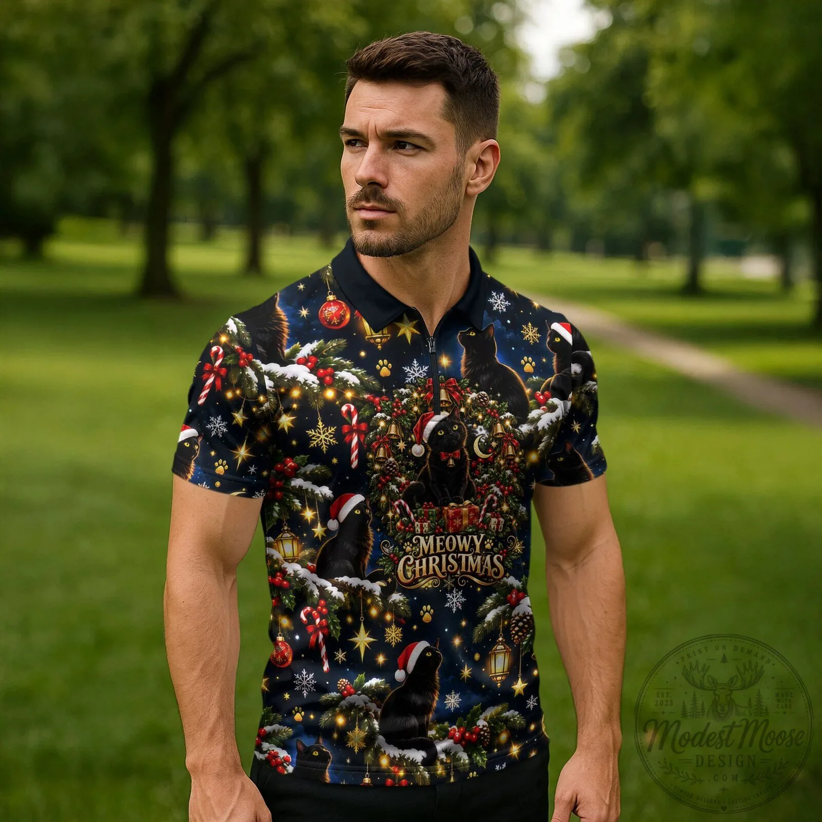 Black Cat Meowy Christmas Festive Night Tree Snow Stars Holiday Pattern Polo Shirt 8 Black Cat Meowy Christmas Festive Night Tree Snow Stars Holiday Pattern Polo Shirt