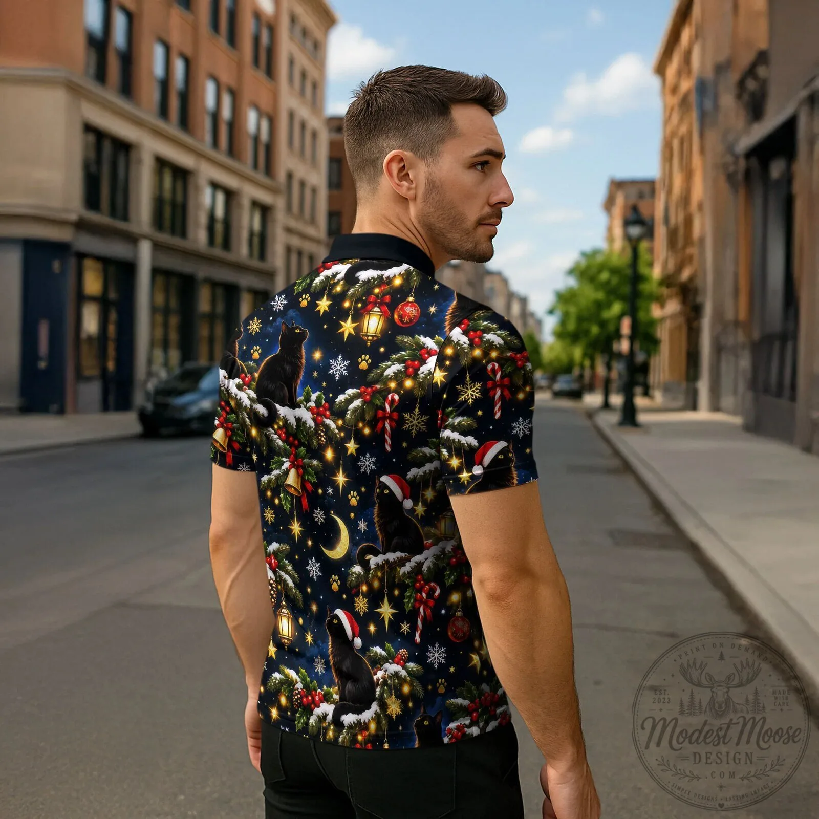 Black Cat Meowy Christmas Festive Night Tree Snow Stars Holiday Pattern Polo Shirt 9 Black Cat Meowy Christmas Festive Night Tree Snow Stars Holiday Pattern Polo Shirt