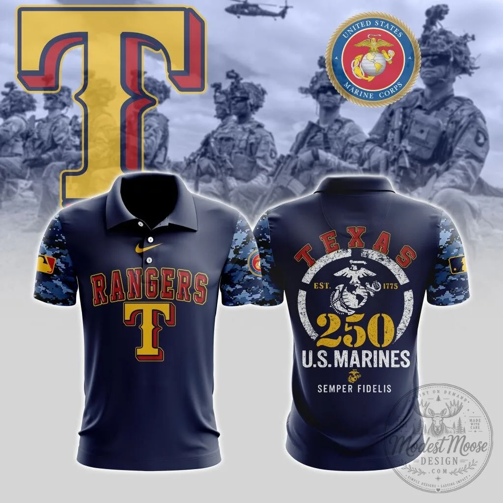 Texas Rangers Baseball Team United States Marine Corps 250th Birthday Polo Shirt