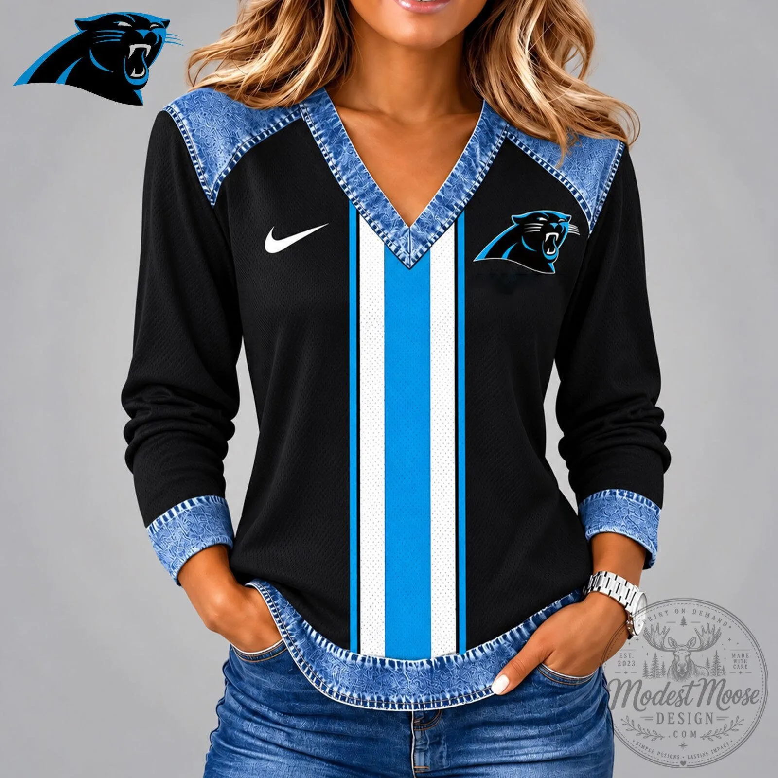 Carolina Panthers NFL Team Logo Blue and Black V-Neck Long Sleeve Shirt for Women