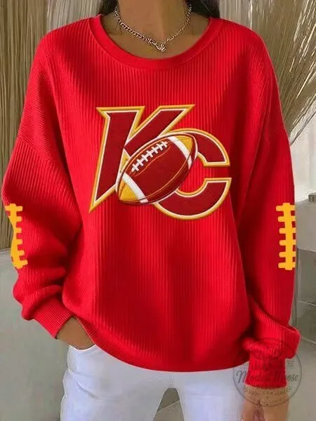 Kansas City Chiefs Football Team Logo Red Ribbed Crewneck Sweatshirt