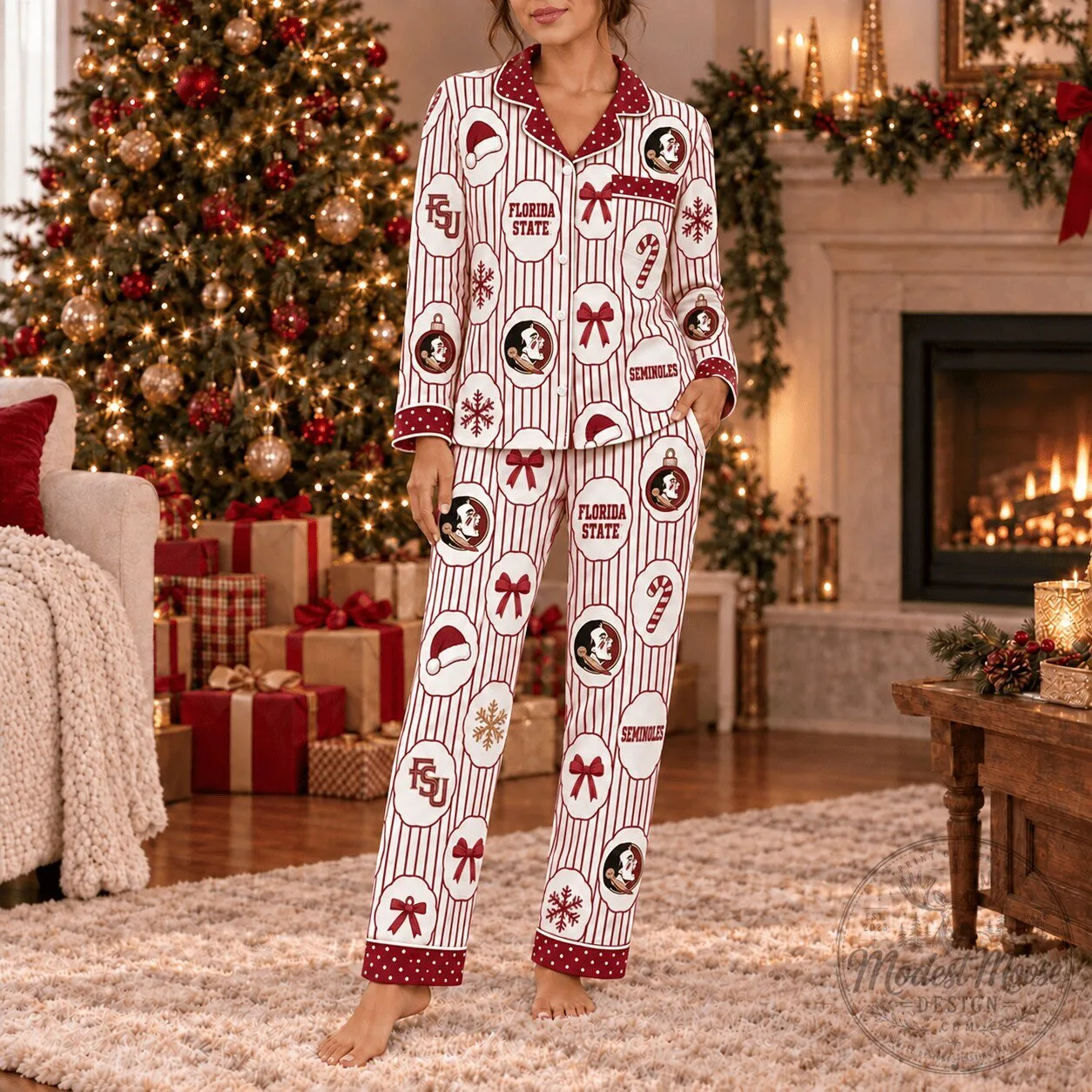 Florida State Seminoles Christmas Holiday Button Up Pajama Set