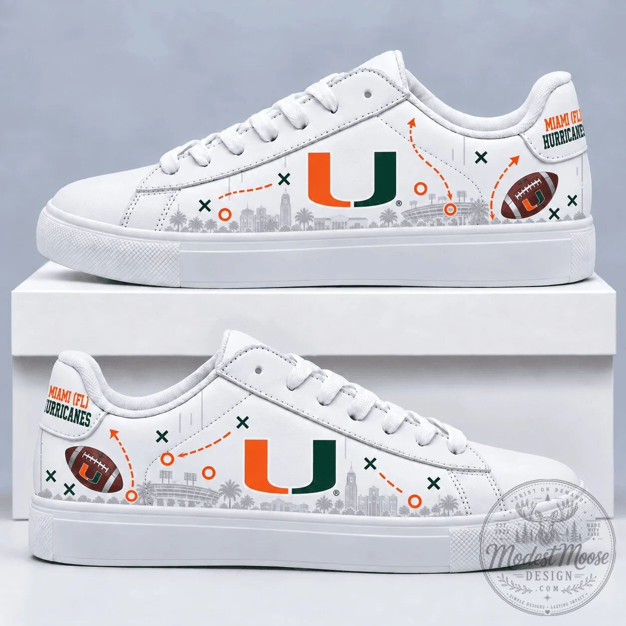 Miami Hurricanes Football Team Logo White Low Top Sneakers