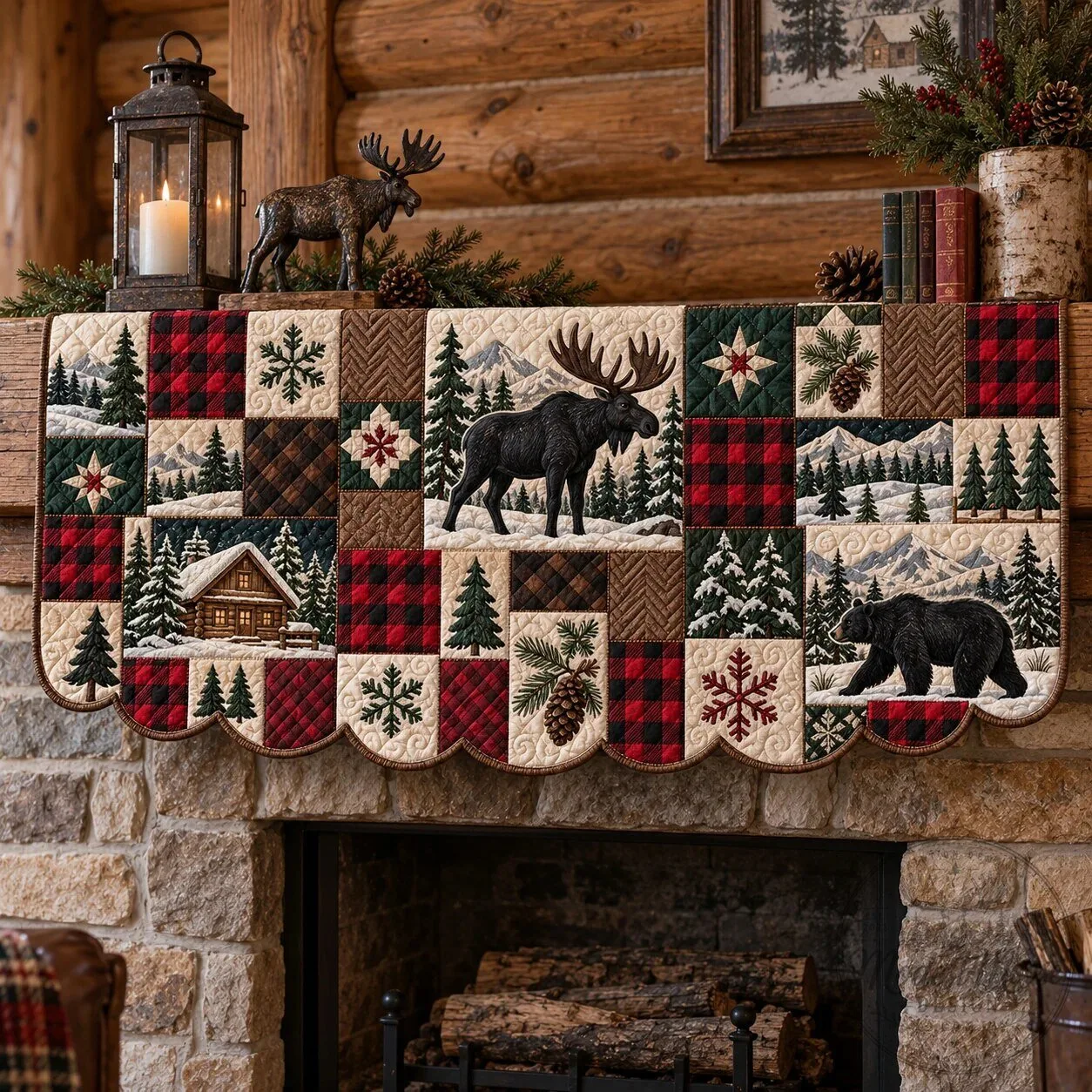Rustic Forest Patchwork Quilted Mantel Scarf with Moose and Bear Design