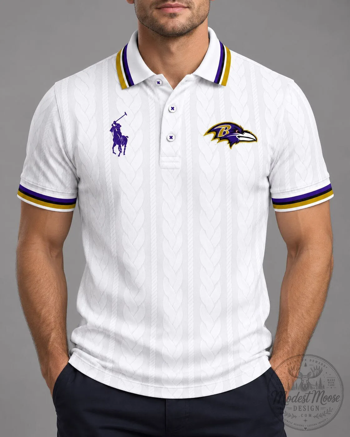Baltimore Ravens NFL Classic White Cable Knit Polo Shirt for Men