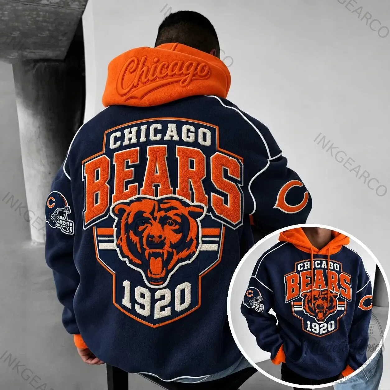 Chicago Bears Football Team Logo Embroidered Fleece Hoodie with Orange Hood