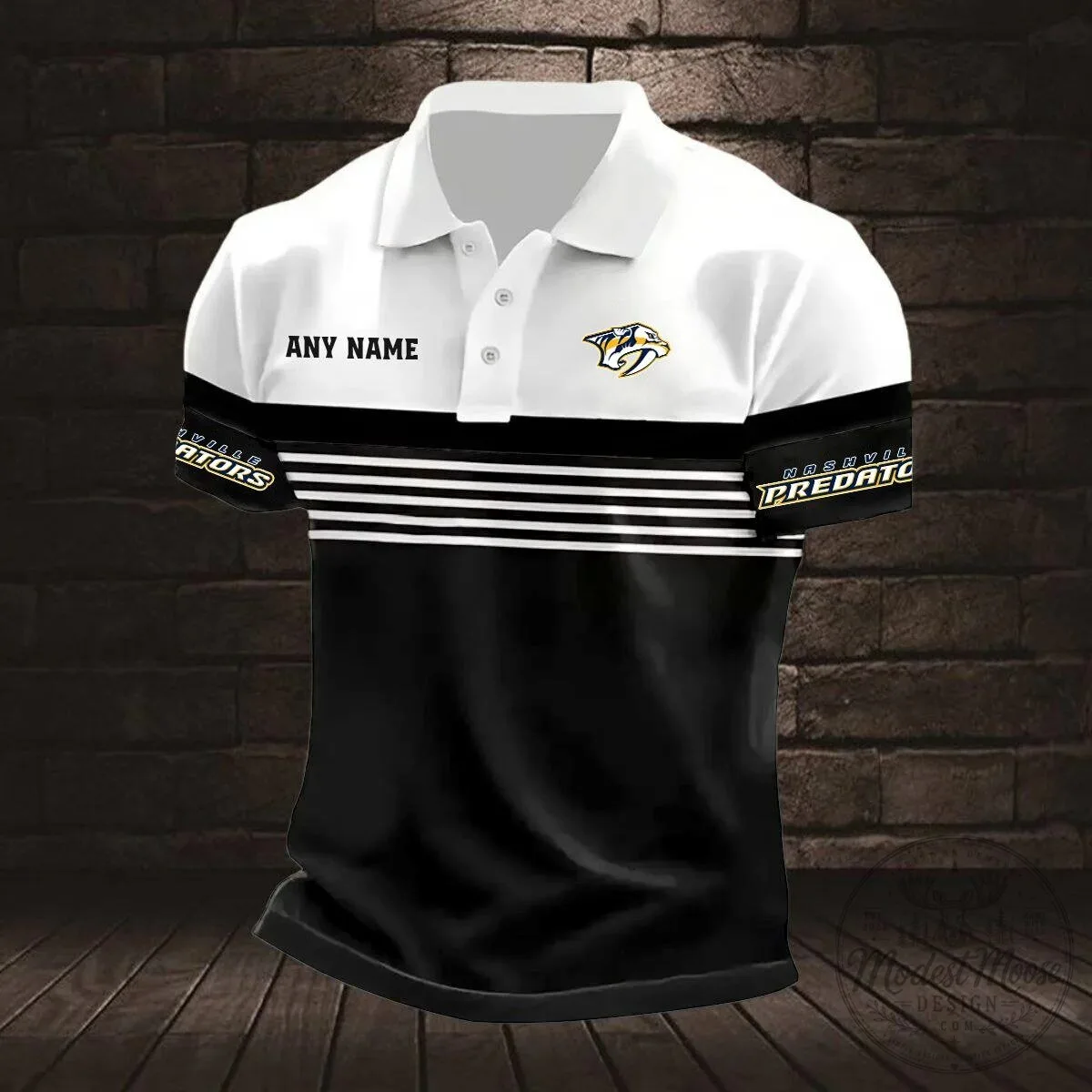 Nashville Predators Personalized Name Striped Black and White Polo Shirt