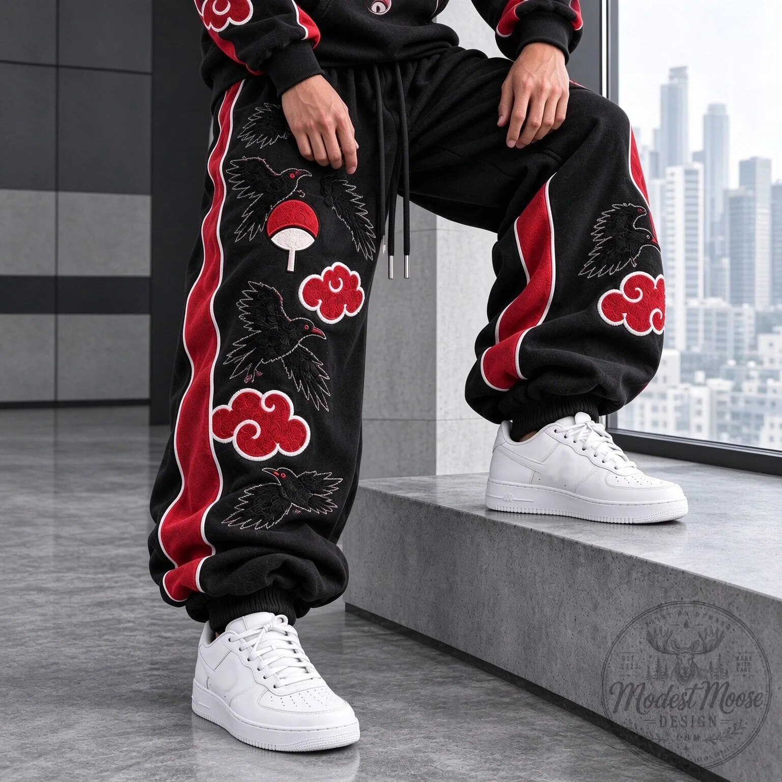 Naruto Akatsuki Red Cloud Embroidered Black Sweatpants Anime Jogger Pants