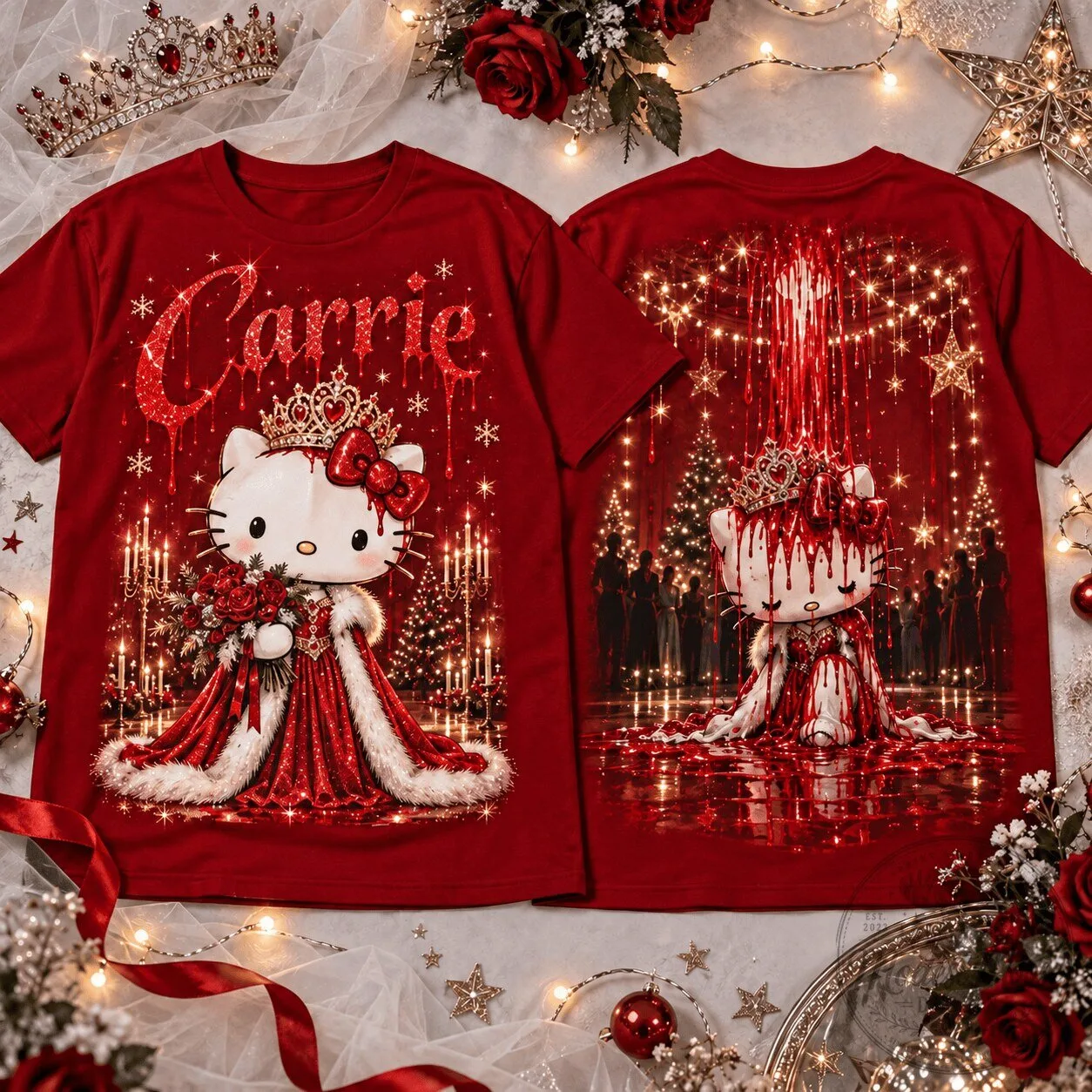 Carrie Hello Kitty Bloody Christmas Queen Horror Movie Fan Red T-Shirt