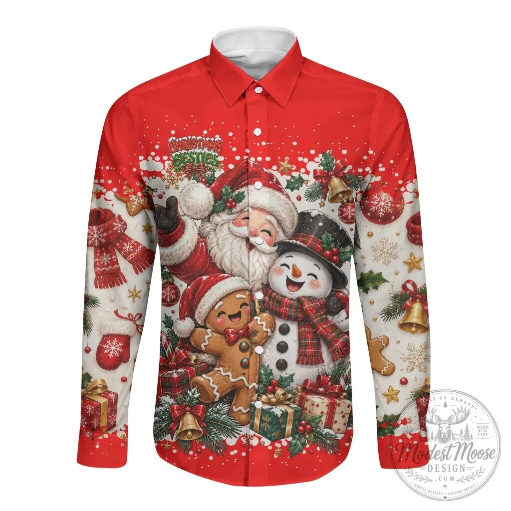 Christmas Besties Santa Snowman Gingerbread Man Holiday Long Sleeve Button Shirt