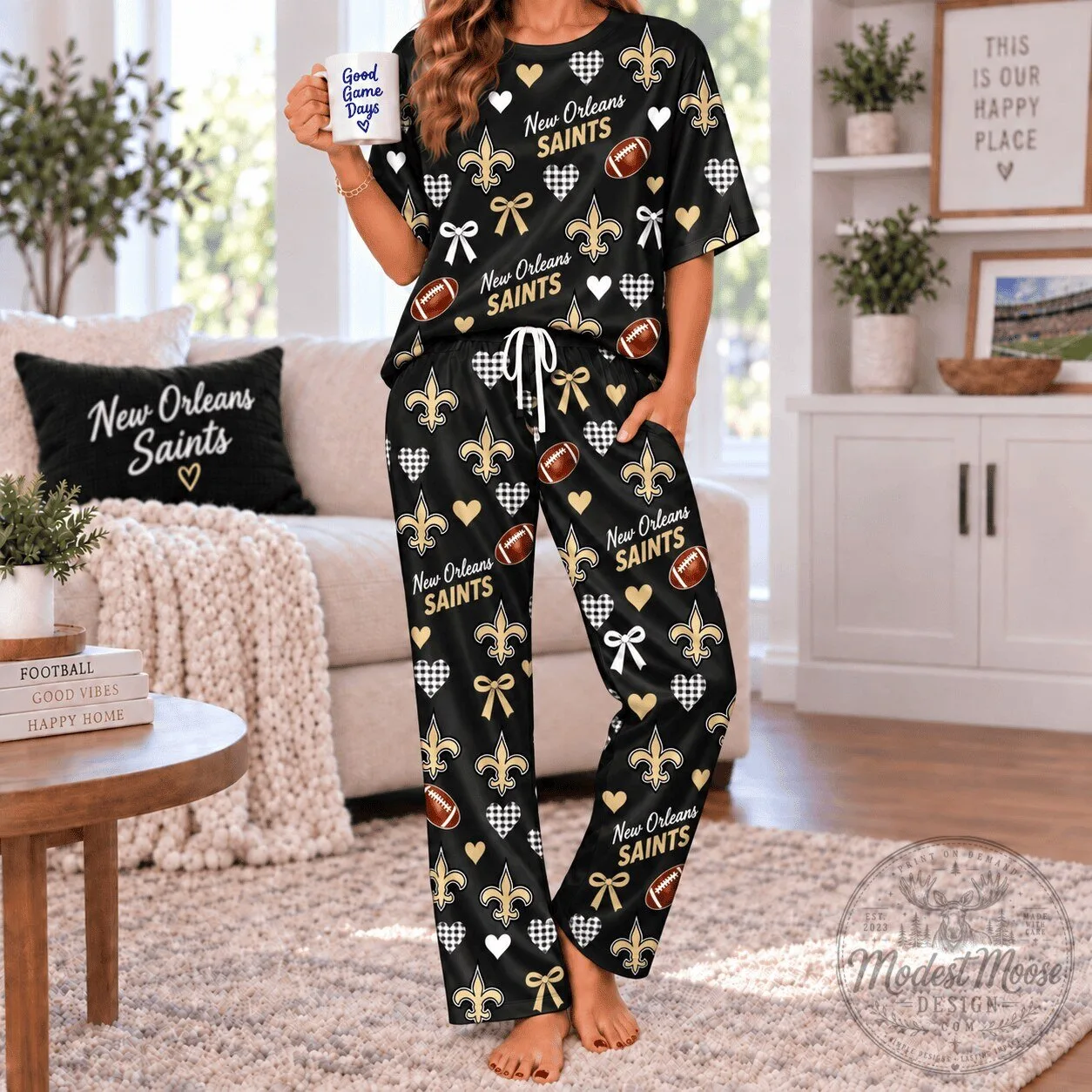 New Orleans Saints Football Team Spirit Black and Gold Pajamas Set