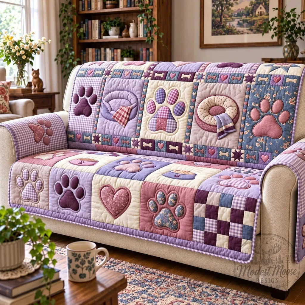 Lavender Paw Print Quilted Sofa Cover for Pet Owners and Animal Lovers Lavender Paw Print Quilted Sofa Cover for Pet Owners and Animal Lovers